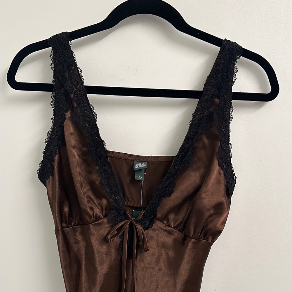 Elegant Brown Satin Nightgown with Lace Trim